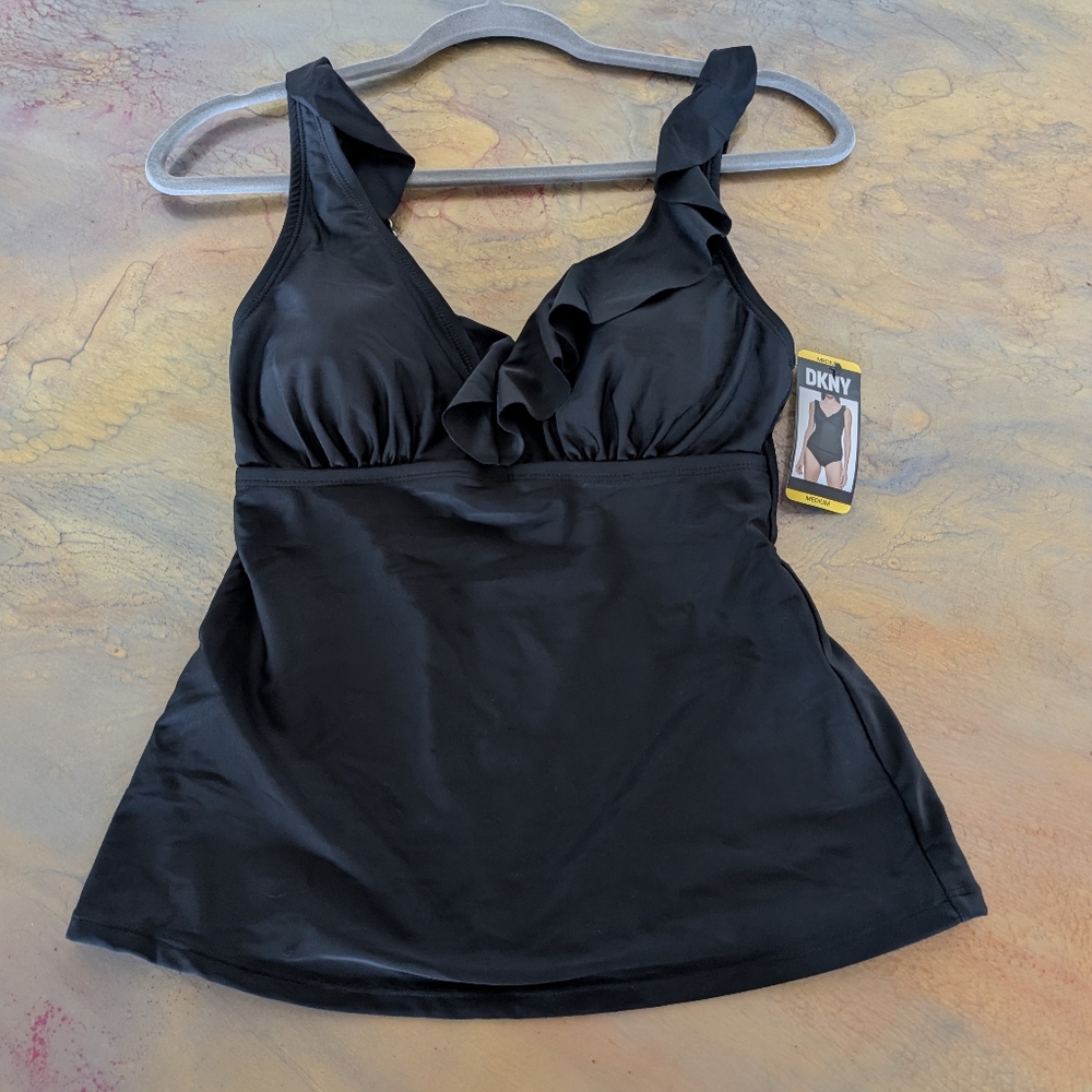 DKNY Elegant Black Ruffled Swim Tankini Top Size M.